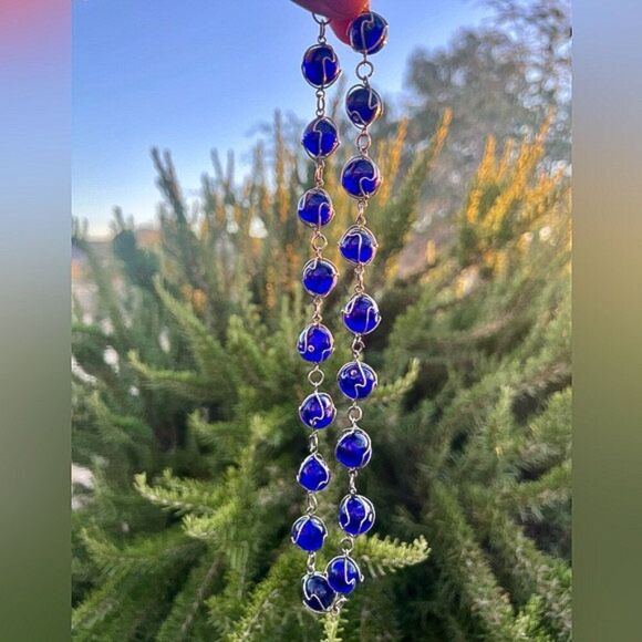 Vintage 70's Cobalt Blue Caged Wirewrap Art Glass Bead Necklace - Picture 2 of 8